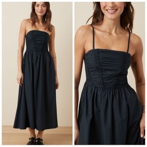 NWT Sz S American Eagle Strapless Ruched Poplin Midi Dress Black